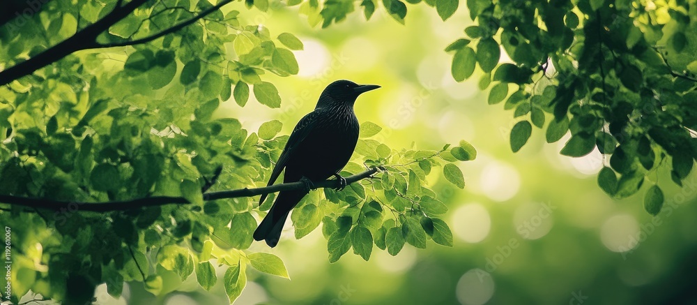 Poster starling perched on a branch surrounded by vibrant green leaves with a soft blurred background ideal