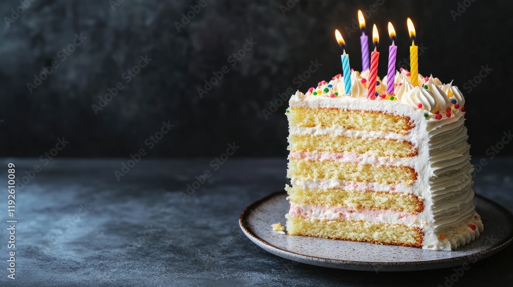 Poster layered vanilla cake with buttercream frosting and colorful candles on a dark surface celebrating a 