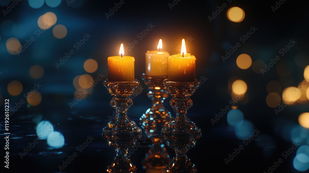 Poster elegant candles glowing in beautiful candlesticks with a blurred bokeh background for a tranquil atm