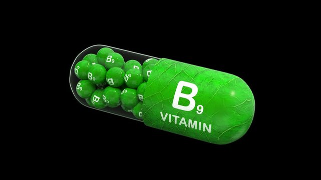 B9 capsule. Vitamin B9 (Folic acid) in green granule. Pills or tablets for treating or preventing vitamin B9 deficiency. Essential nutrient. Isolated. Black background. 3D rendering. Seamless loop
