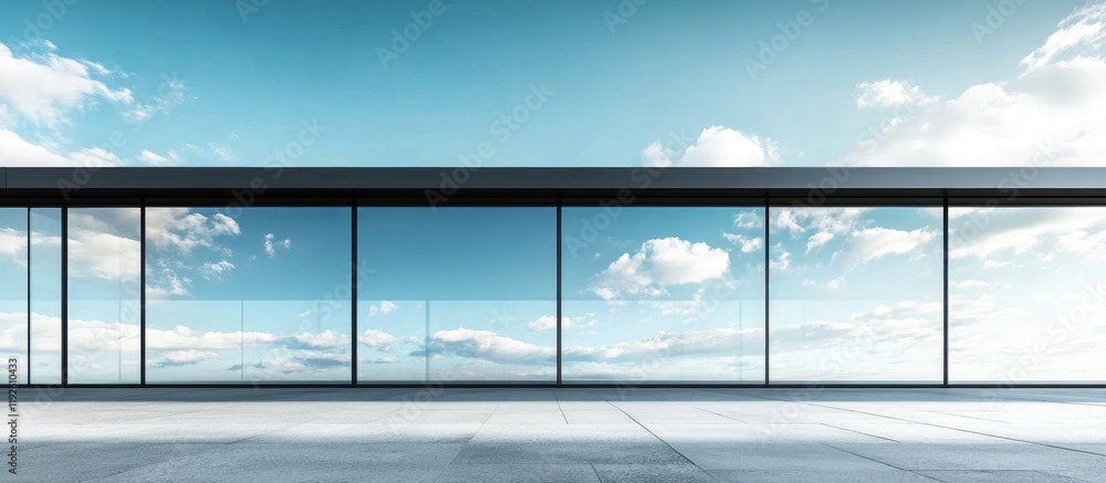 Poster modern corporate building exterior reflecting the sky with blank space for text ideal for business p