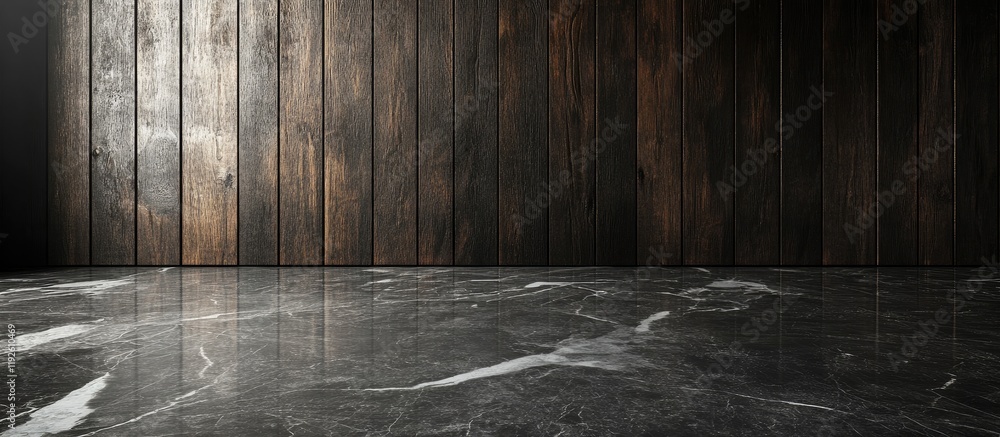 Poster Marble floor corner and dark wooden wall showcasing blank space for creative text or product placement in a stylish setting
