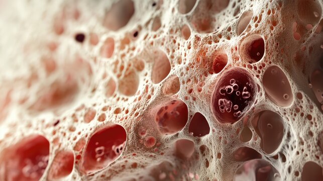 Detailed microscopic view of bone marrow and blood histology showcasing red blood cells and cellular structures in a biological context.
