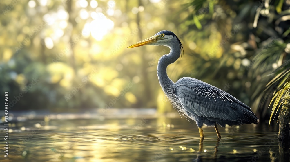 Poster cocoi heron standing gracefully in a serene river surrounded by lush greenery and soft sunlight filt