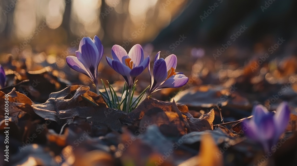 Poster purple crocus flowers emerging from fallen leaves in a serene spring forest setting with warm sunlig