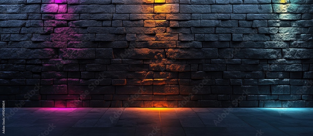 Poster black stone wall with vibrant led lighting creating a modern backdrop featuring ample space for prom
