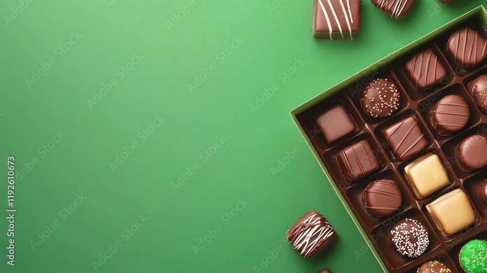 Poster assorted chocolate candy bars in a box on a vibrant green background with ample copy space for text 