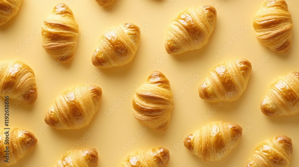 Poster freshly baked croissants arranged in a flat lay pattern on a bright yellow background showcasing the