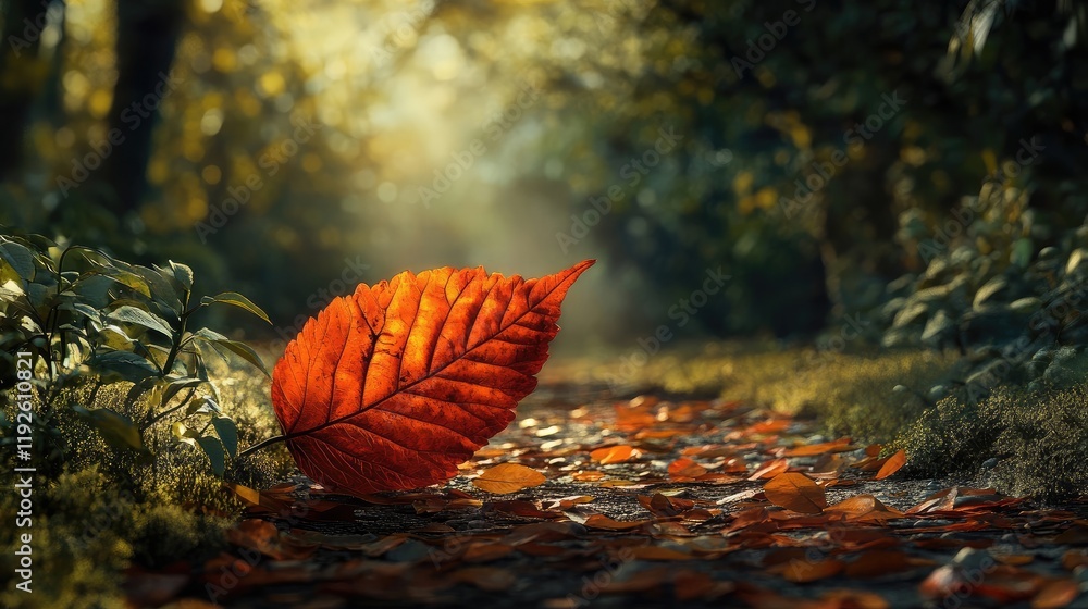 Poster vibrant autumn leaf on a garden path surrounded by warm sunlight and rich greenery creating an encha