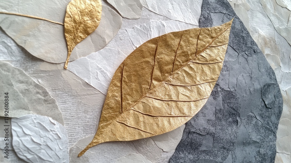 Poster textured two dimensional artwork featuring gold and grey paper leaves with intertextual elements for