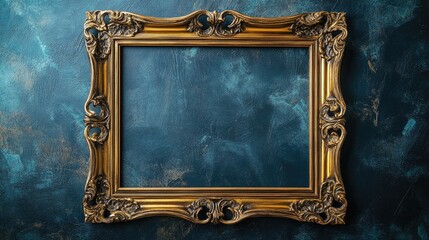 Vintage ornate picture frame with intricate detailing against a textured blue background for art and design showcases.