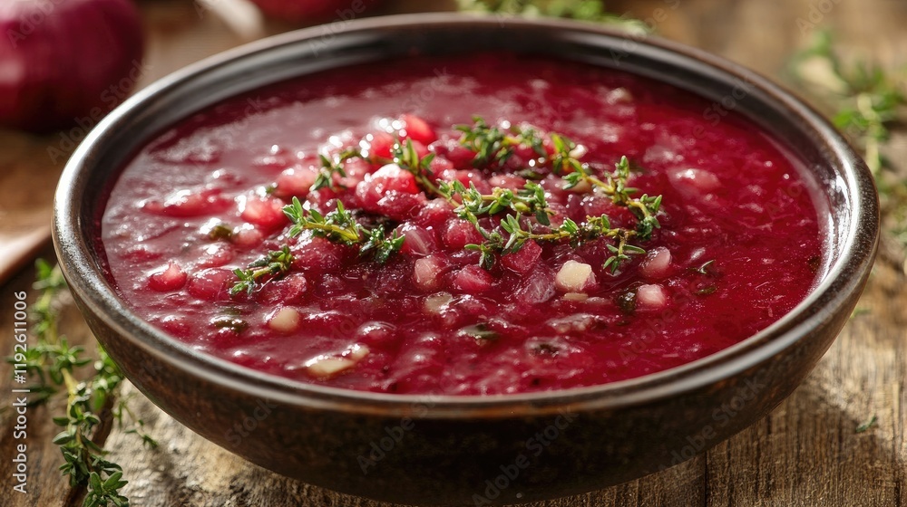 Poster bowl of rich red soup garnished with fresh herbs served on a rustic wooden table creating a warm and