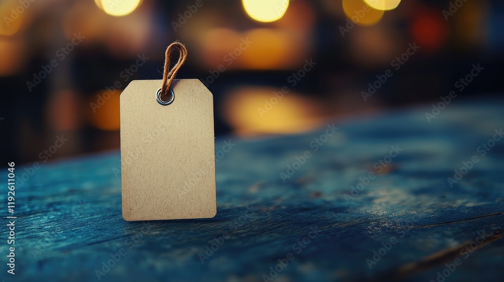 Poster blank business tag on rustic desk with bokeh background for branding or labeling concepts