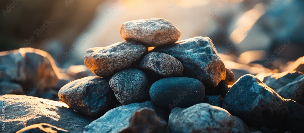 Poster Close up of a sunlit rock pile highlighting textured pebbles with a soft background space for text and design elements