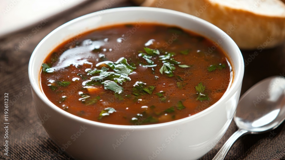 Aufkleber bowl of hearty soup garnished with fresh herbs and a spoon placed beside it on a rustic table with b