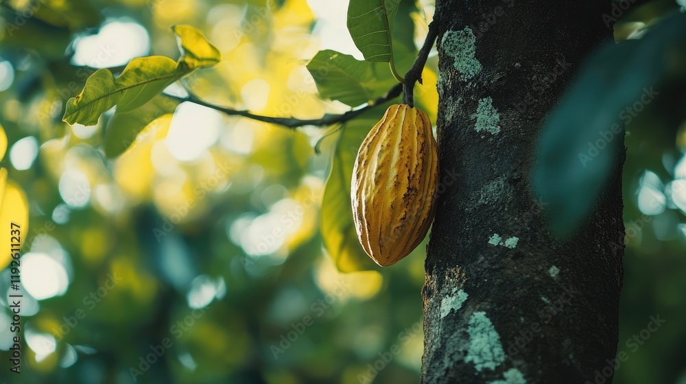 Poster Cocoa fruit hanging on a cocoa tree illuminated by soft sunlight in a lush tropical field environment