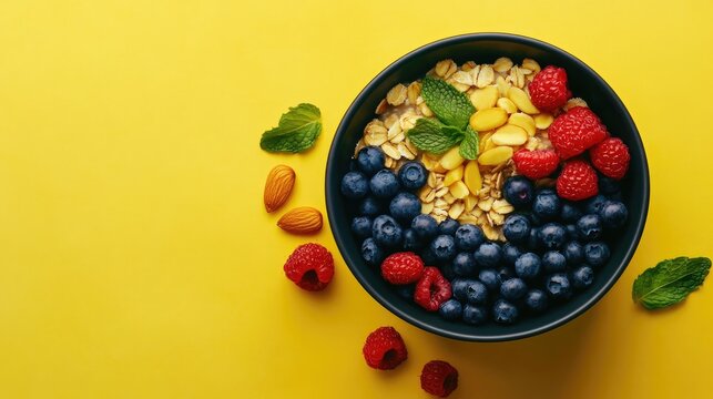 Bowl of oatmeal topped with blueberries almonds and mint on vibrant yellow background promoting healthy eating and nutritious breakfast choices