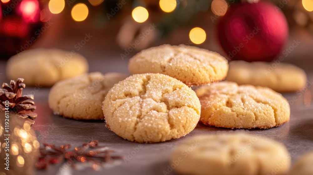 Poster festive cookies arranged on decorative background with soft bokeh lights creating a warm holiday atm