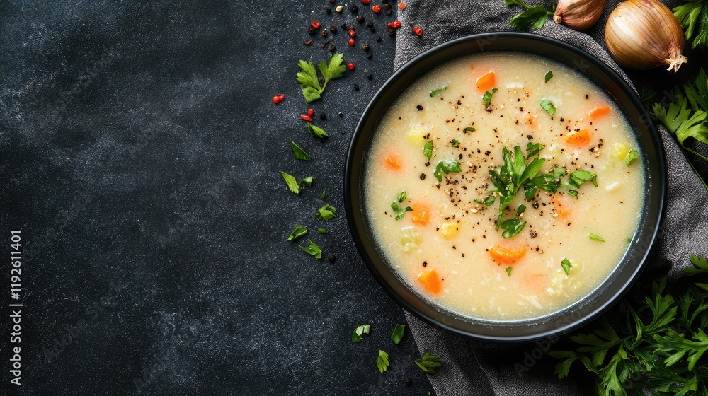 Poster healthy white vegetable soup garnished with fresh herbs and vegetables on dark background with ample