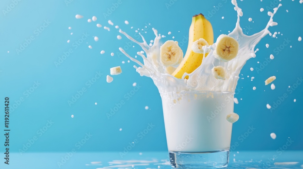 Poster Bananas and milk splashing in a glass against a vibrant blue background creating a dynamic and refreshing scene
