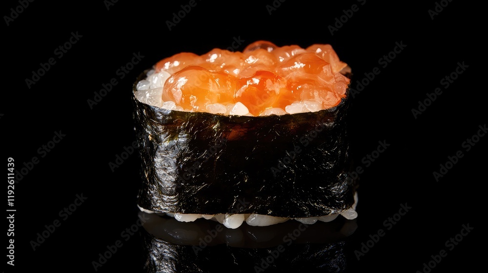 Poster gourmet japanese sushi delicacy showcasing vibrant toppings on black background with ample copy spac