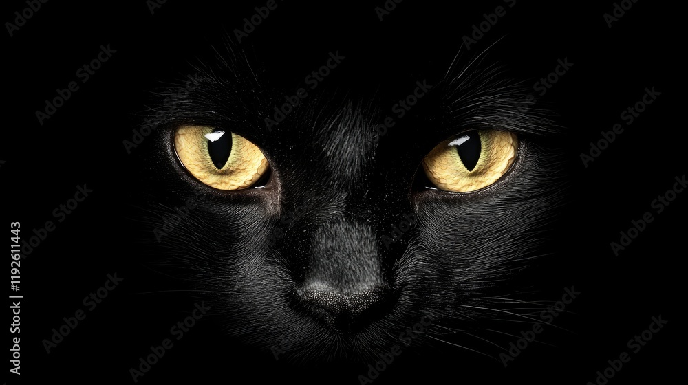 Poster black cat close-up with striking yellow eyes on dark background providing ample copyspace for creati