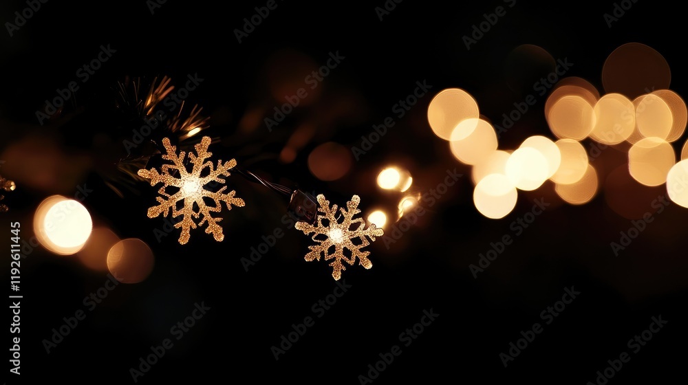 Aufkleber Bokeh lights with snowflakes in the air against a dark background creating a festive winter atmosphere and enchanting mood