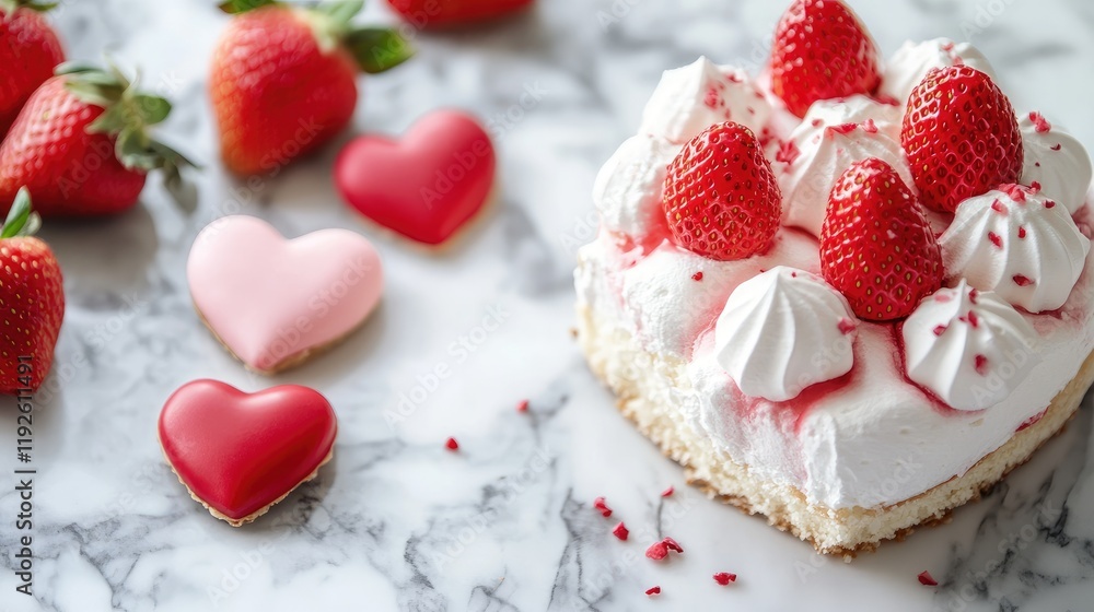 Aufkleber heart-shaped strawberry meringue cake with fresh strawberries and pastries on a marble background cr