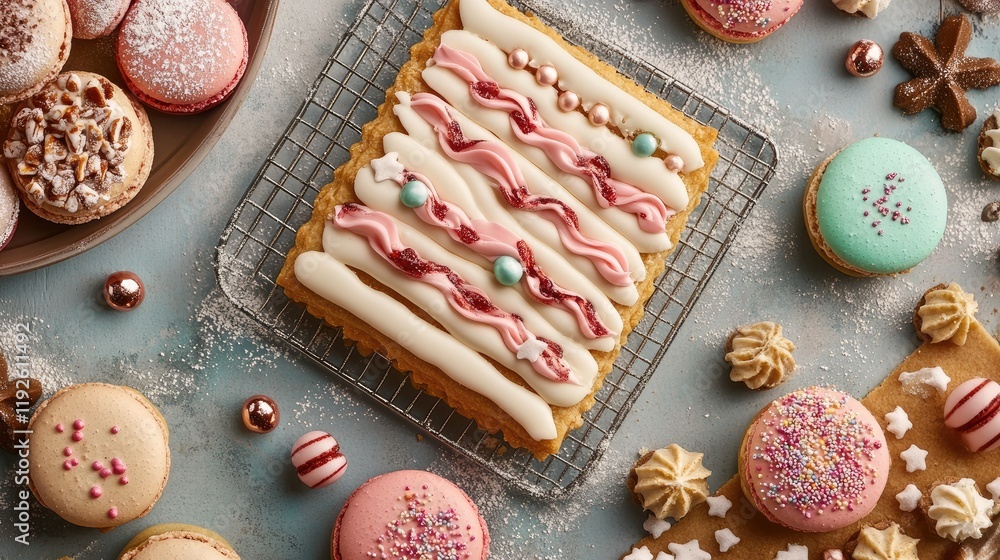 Poster elegant shortbread pastry adorned with colorful macarons and festive treats on a textured surface fo