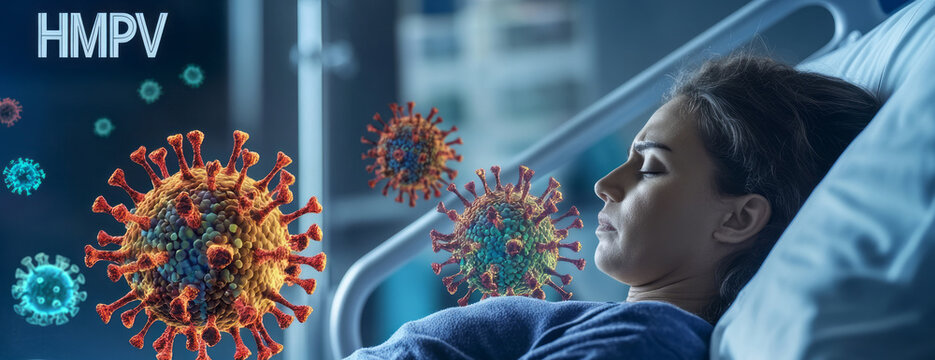  patient in a hospital bed  and a virus, with an animated style depiction of the virus. 