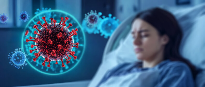  patient in a hospital bed  and a virus, with an animated style depiction of the virus. 