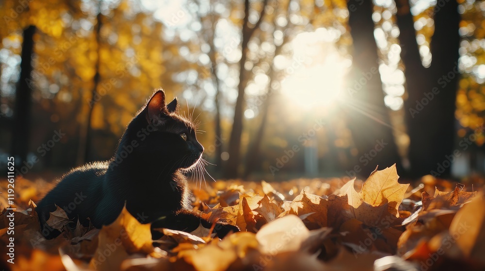 Aufkleber black cat lounging on vibrant autumn leaves with soft sunlight shining through trees creating a warm