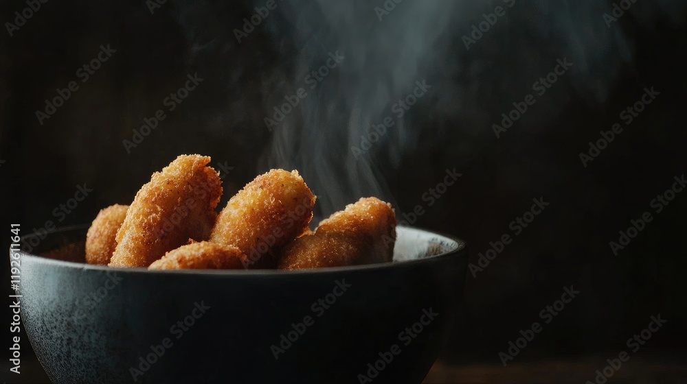 Aufkleber crispy croquettes steaming in a bowl set against a dark background for a mouthwatering culinary pres