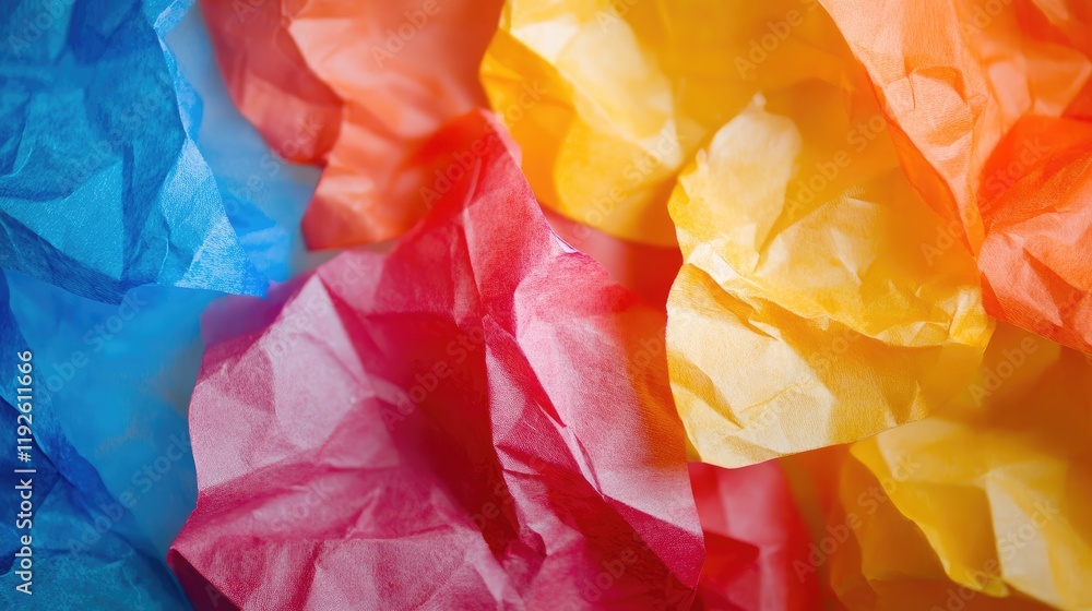 Poster Colorful crumpled paper texture on glass surface creating a vibrant abstract background for creative projects and graphic design.
