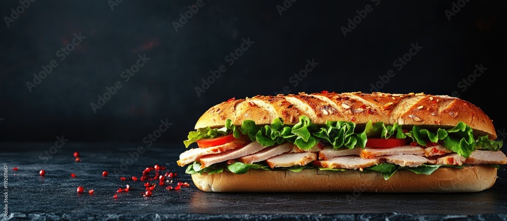 Poster turkey sandwich with fresh lettuce and tomato on a rustic wooden surface with dark background and em