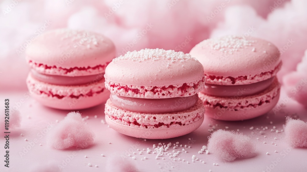 Poster pink macarons with sugar sprinkles displayed against a soft pastel cloud background for a dreamy and