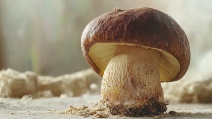 Close-up of Boletus edulis mushroom also known as king bolete highlighting its detailed texture and natural colors on rustic background