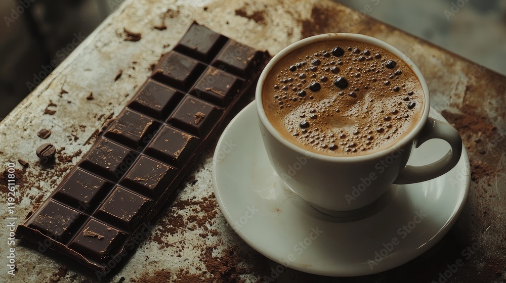 Poster Steaming coffee cup with chocolate bar on rustic table in a retro kitchen setting inviting warm cozy vibes