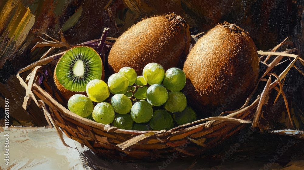 Poster fresh kiwi and grapes arranged in a rustic basket on a textured background showcasing vibrant natura
