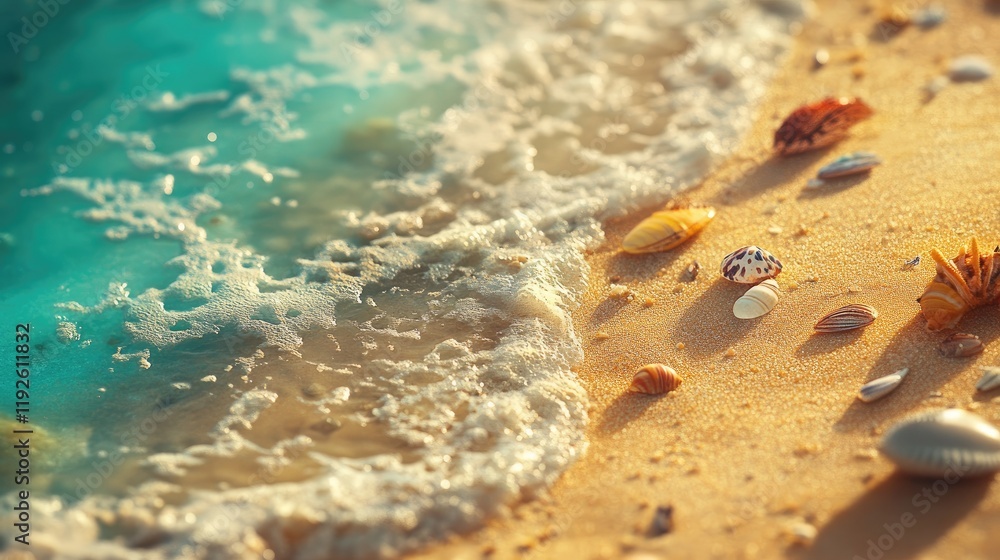 Aufkleber Closeup of seashells on a sandy beach with gentle waves and clear turquoise water creating a serene coastal atmosphere