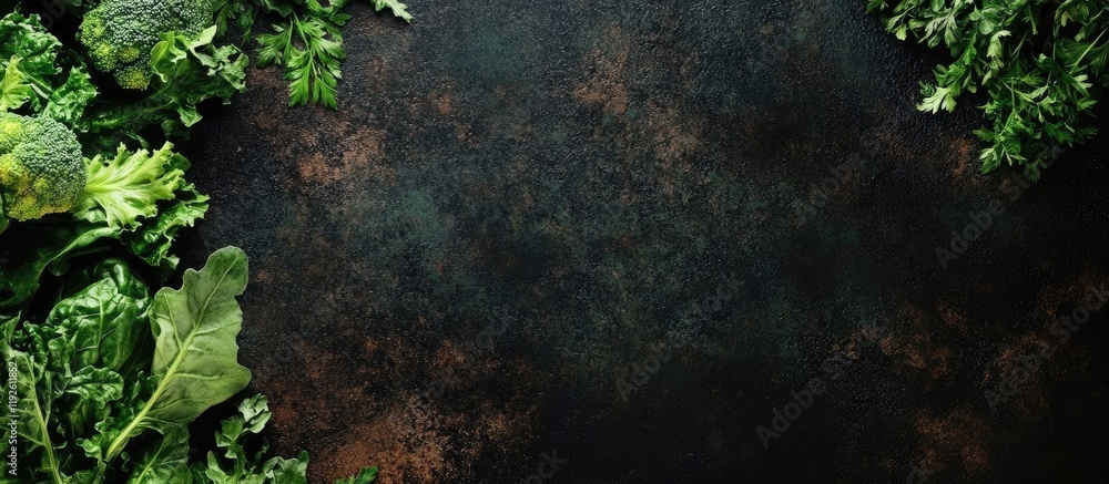 Poster fresh vegetables arranged on a dark background with ample copyspace for text promoting healthy eatin