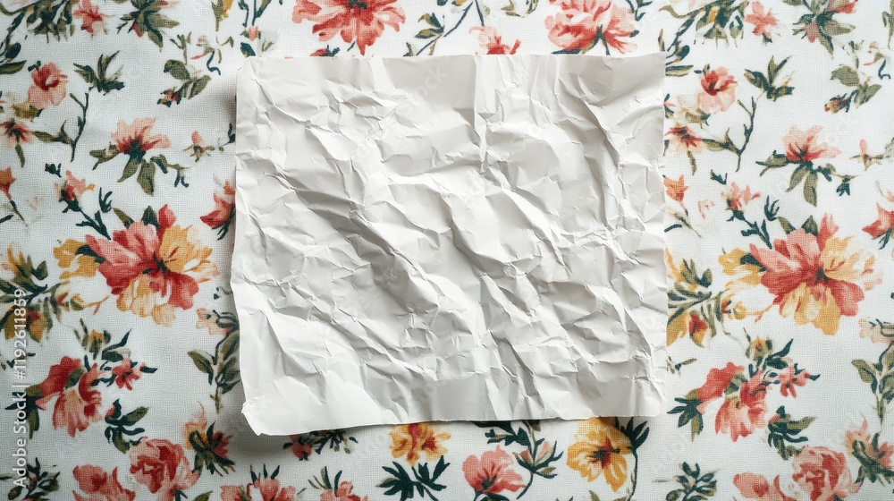 Poster crumpled white paper sheet on a vibrant floral background showcasing texture and design contrast for