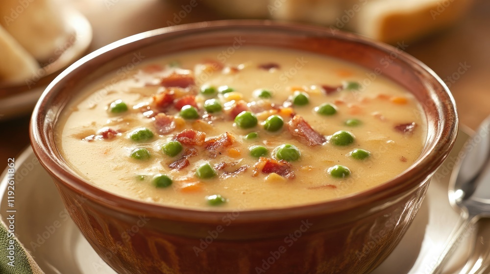 Poster creamy pea and bacon soup served in a rustic bowl garnished with fresh peas on a wooden table with b