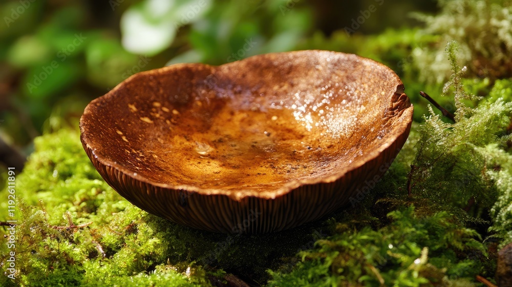 Poster boletus mushroom with brown cap resting on lush green moss in a vibrant forest setting