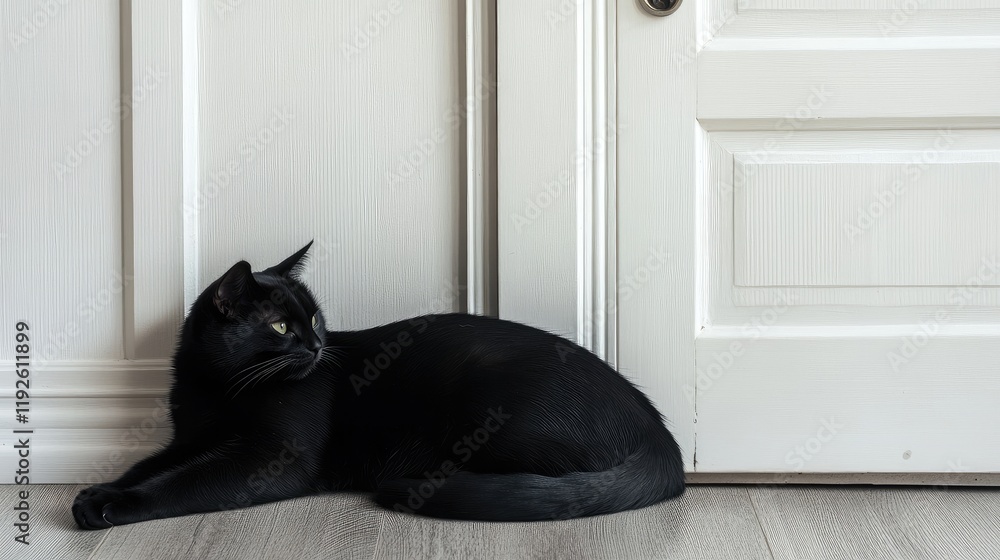 Poster Black cat resting on wooden floor near door creating a serene atmosphere with ample copyspace for text or design elements