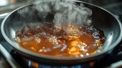 Creative portrayal of simmering highlighting rich sauce slowly cooking in a pan
