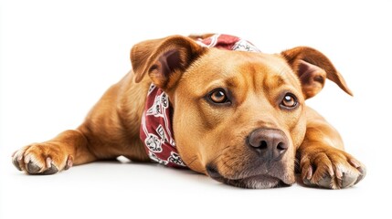 Obraz premium Crossbreed dog wearing a bandana lying down on a white background with an expressive gaze illustrating relaxation and comfort