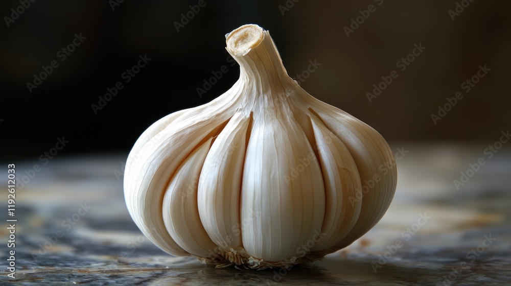 Poster unique garlic bulb displayed in an artistic shape on a marble surface highlighting its natural textu