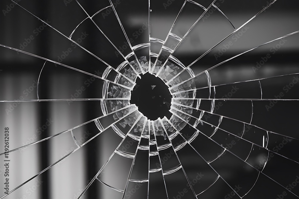 Poster black-and-white photograph of a shattered window, featuring a central void with spiderweb-like crack