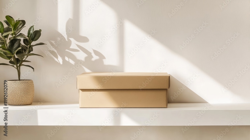Poster cardboard box neatly placed on a shelf with soft sunlight casting shadows and a potted plant enhanci